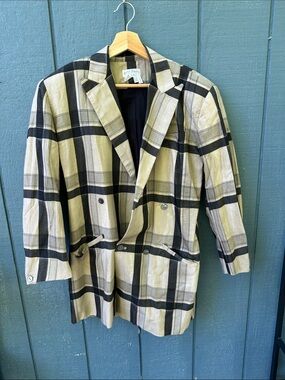 Betsey Johnson Black and Beige Plaid Double-Breasted Blazer
